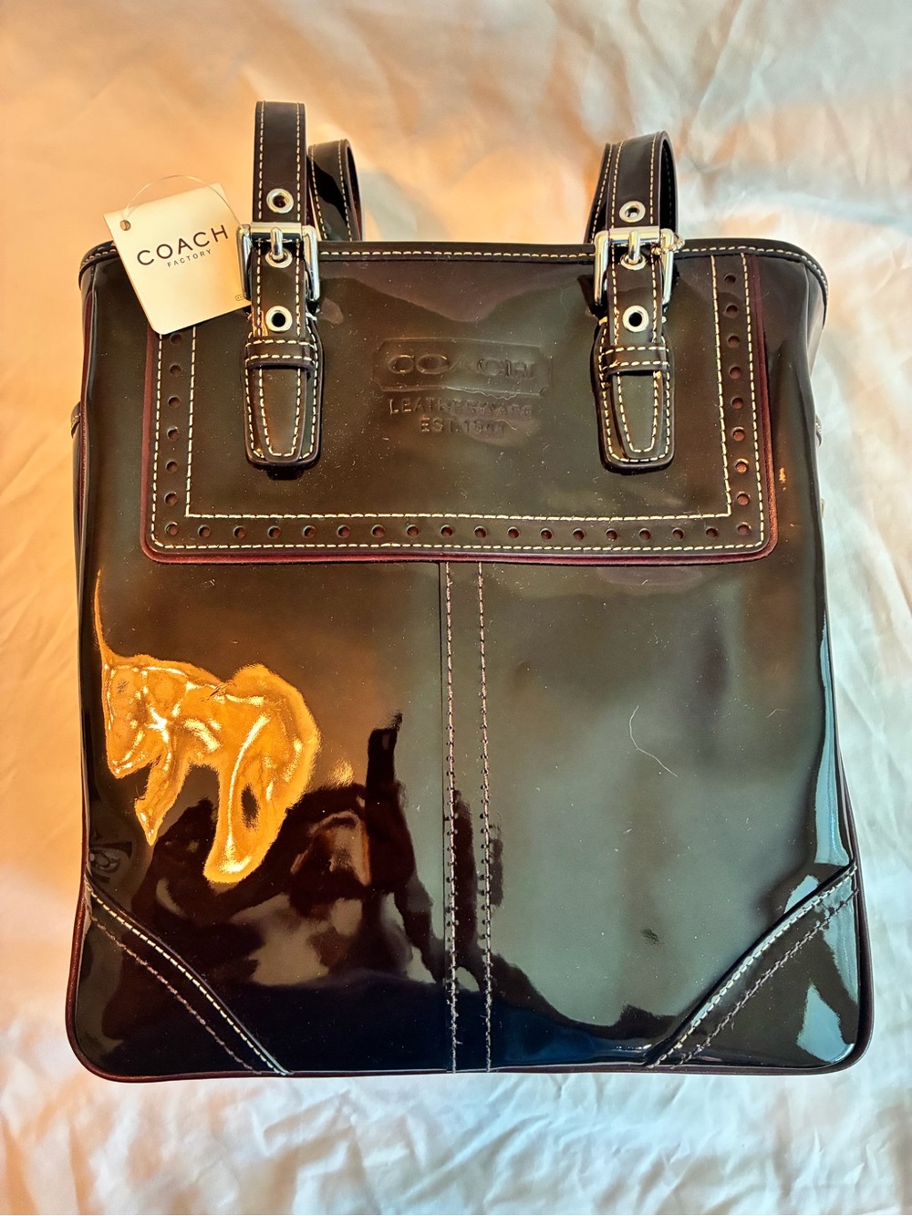 Coach Black Patent Leather Tote with Contrast Stitching
